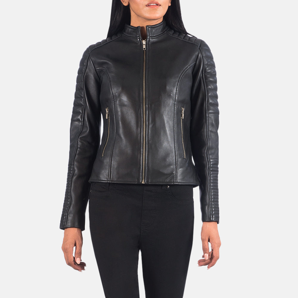 Adalyn Quilted Black Leather Biker Jacket - women's jacket in black sheepskin leather, view 2