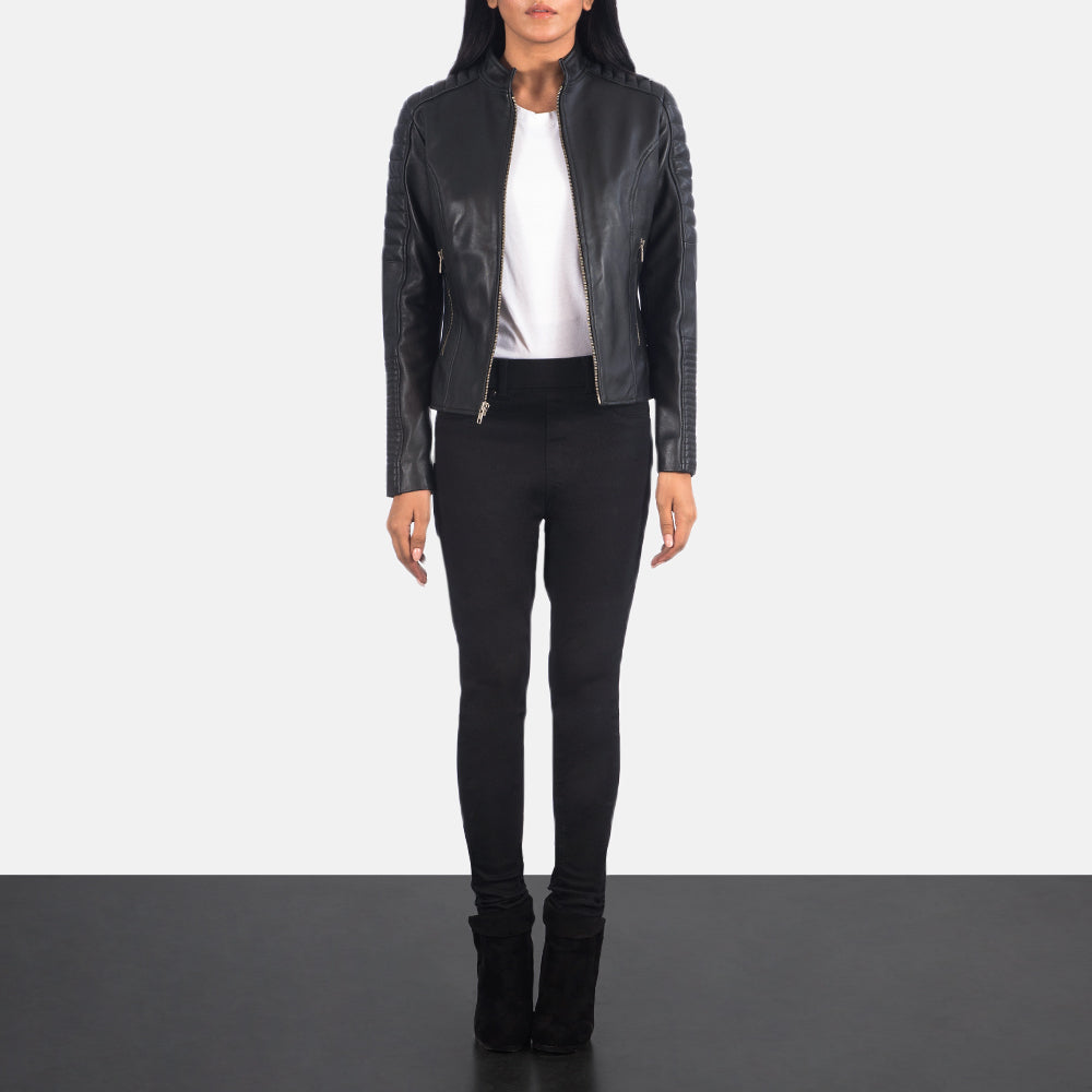 Adalyn Quilted Black Leather Biker Jacket - women's jacket in black sheepskin leather, view 3