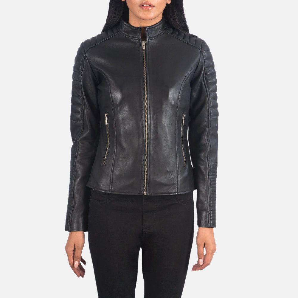 Adalyn Quilted Black Leather Biker Jacket - women's jacket in black sheepskin leather, view 4