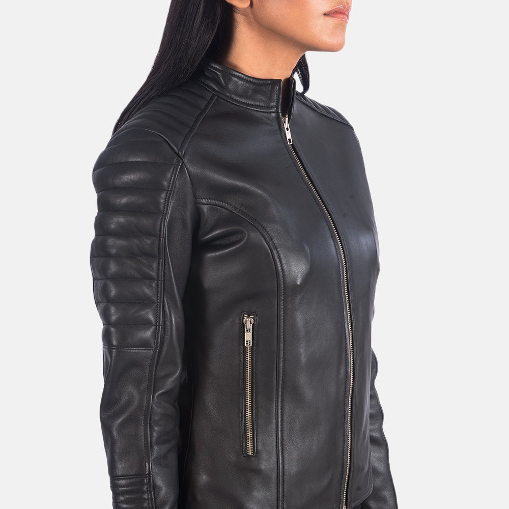 Adalyn Quilted Black Leather Biker Jacket - women's jacket in black sheepskin leather, view 6