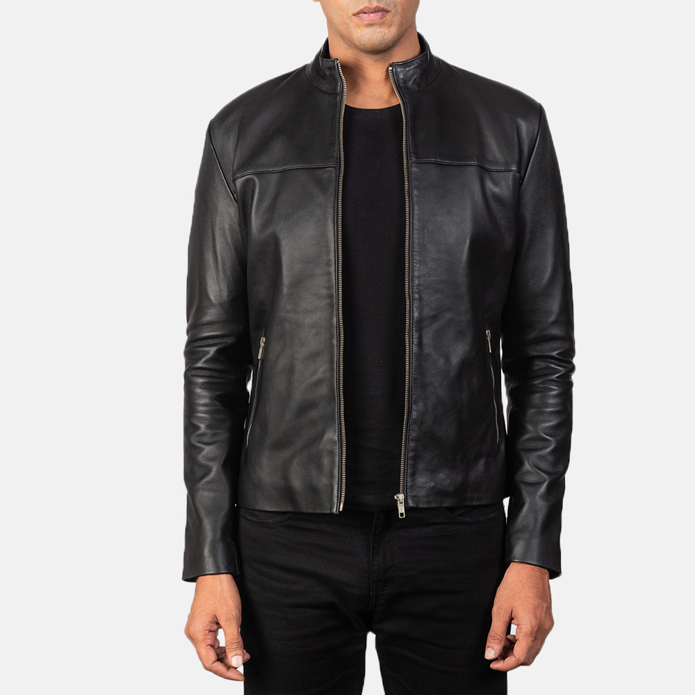 Adornica Black Leather Biker Jacket - men's jacket in black sheepskin leather, view 1