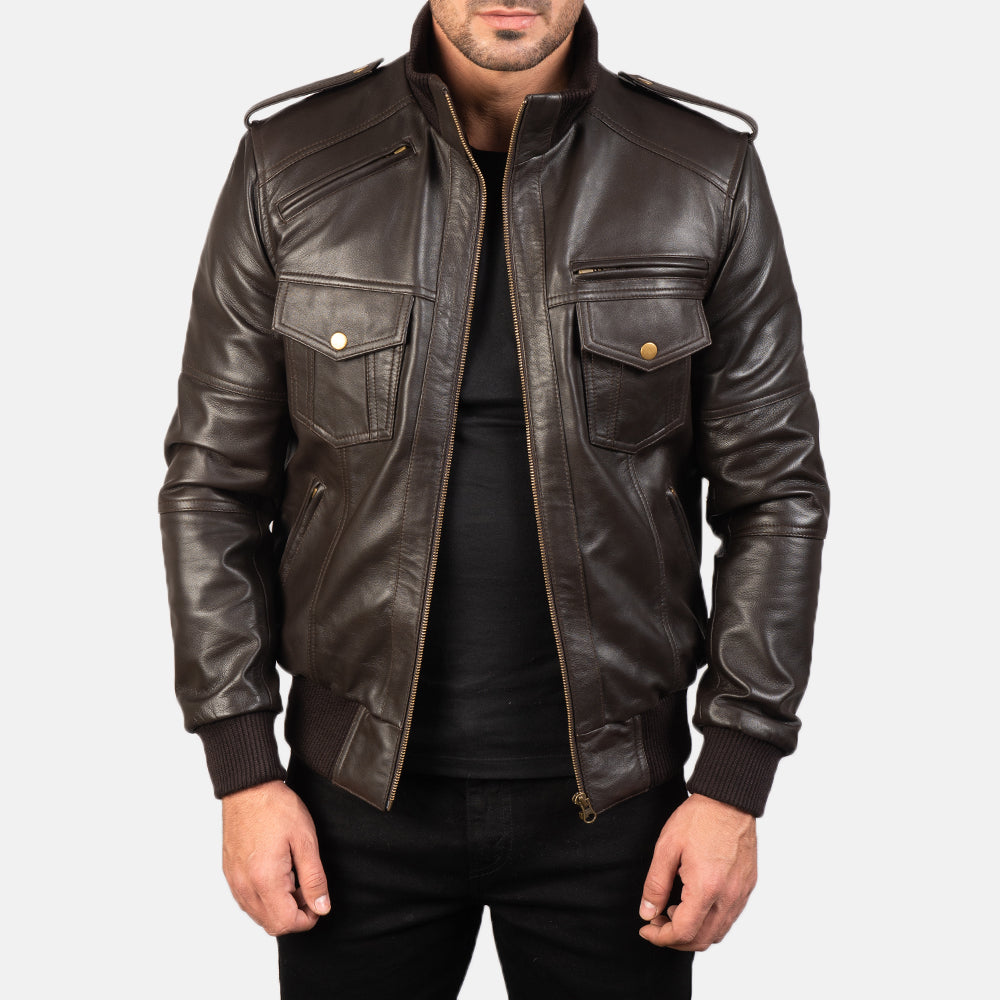 Agent Shadow Brown Leather Bomber Jacket - men's jacket in brown sheepskin leather, view 1