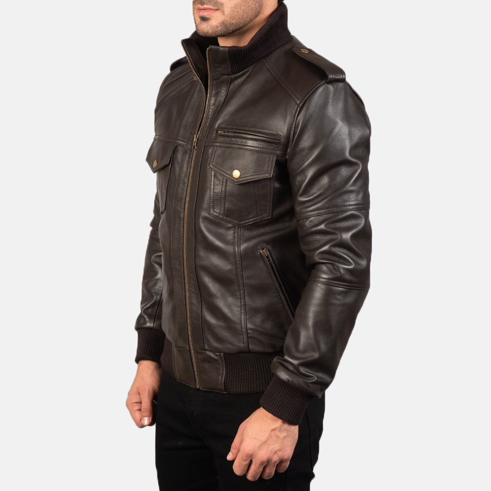 Agent Shadow Brown Leather Bomber Jacket - men's jacket in brown sheepskin leather, view 2