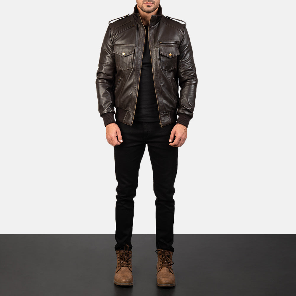 Agent Shadow Brown Leather Bomber Jacket - men's jacket in brown sheepskin leather, view 3
