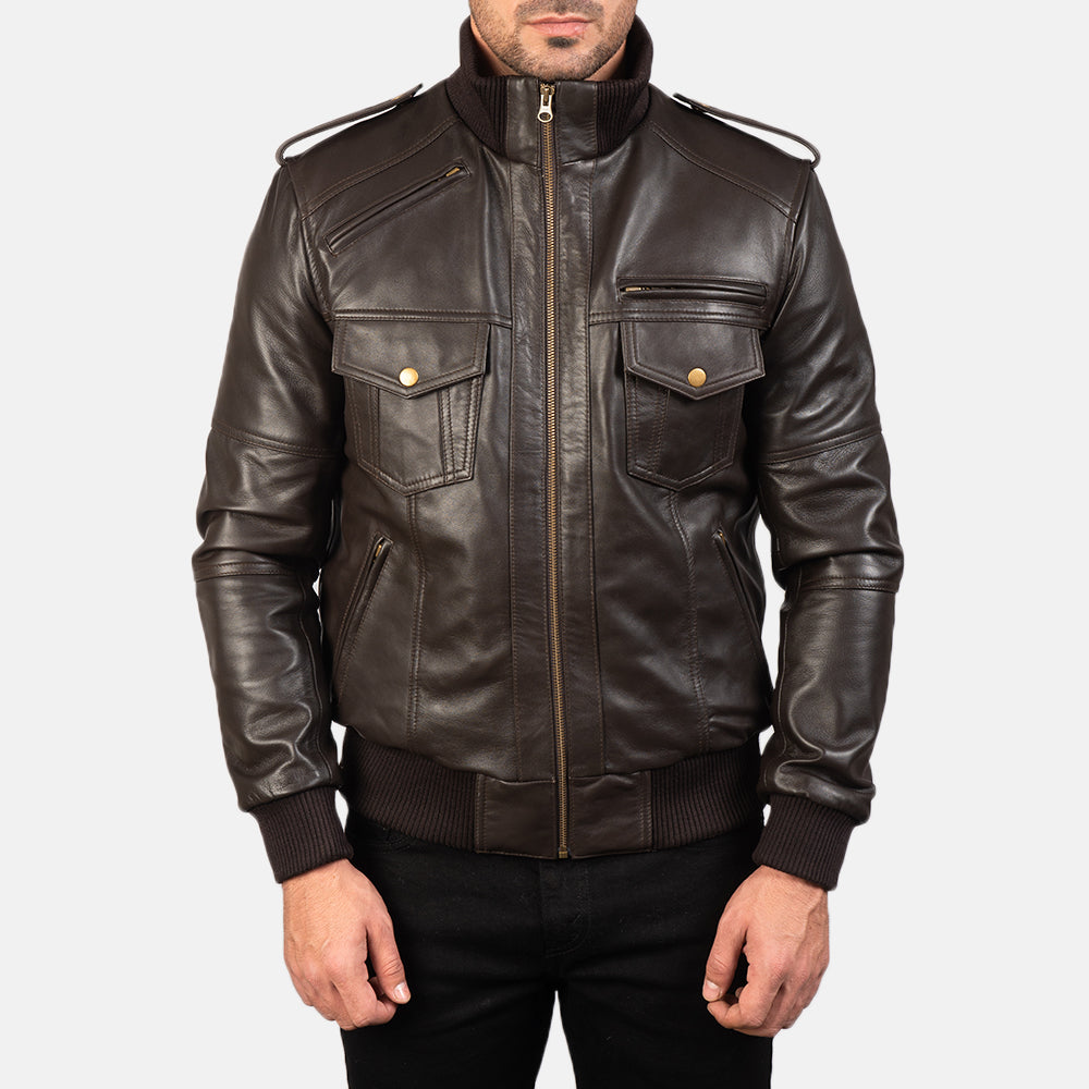 Agent Shadow Brown Leather Bomber Jacket - men's jacket in brown sheepskin leather, view 4
