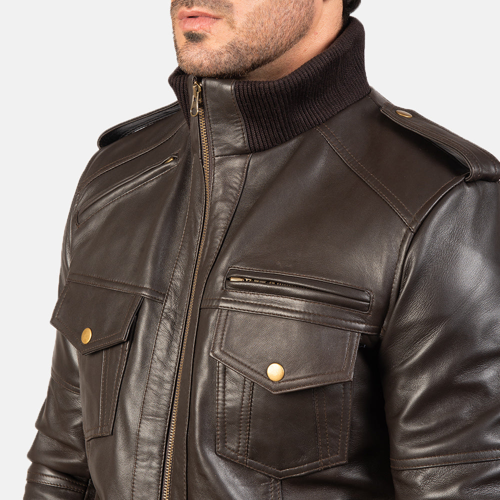 Agent Shadow Brown Leather Bomber Jacket - men's jacket in brown sheepskin leather, view 6
