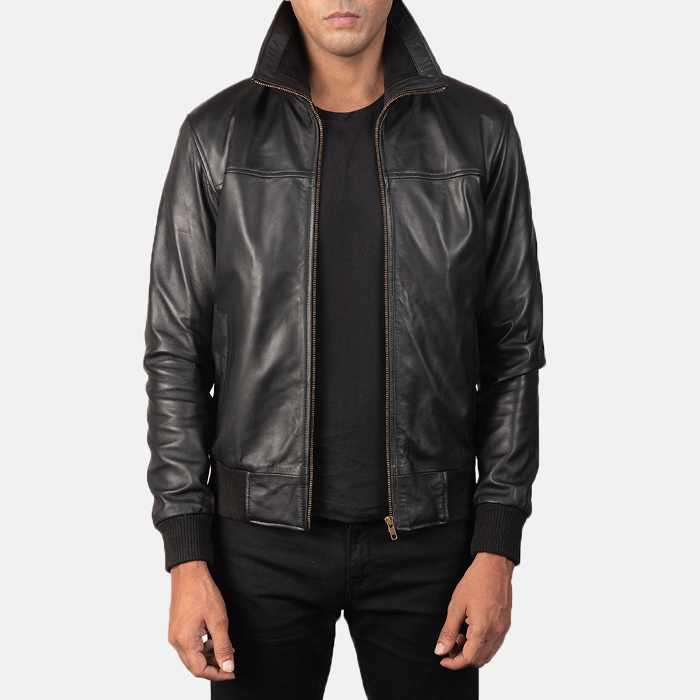 Air Rolf Black Leather Bomber Jacket - men's jacket in black sheepskin leather, view 1