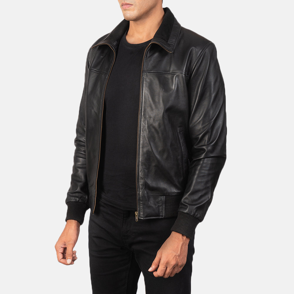 Air Rolf Black Leather Bomber Jacket - men's jacket in black sheepskin leather, view 2