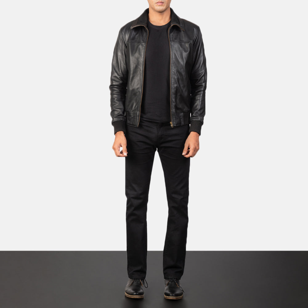 Air Rolf Black Leather Bomber Jacket - men's jacket in black sheepskin leather, view 3