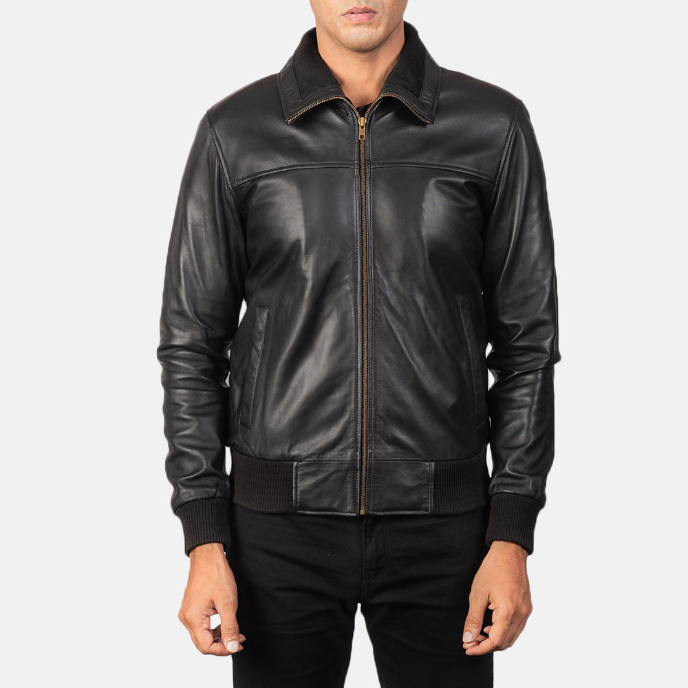 Air Rolf Black Leather Bomber Jacket - men's jacket in black sheepskin leather, view 4
