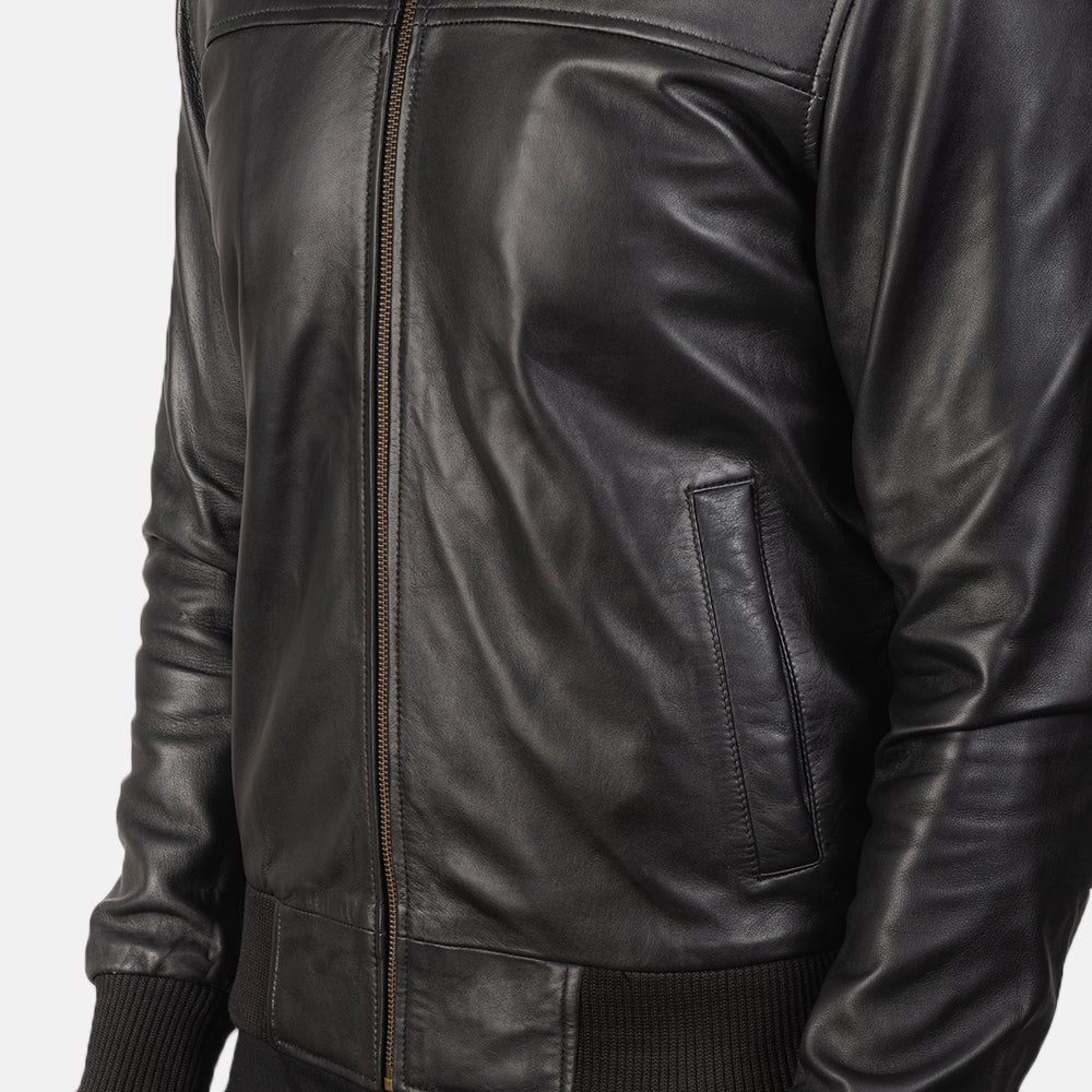 Air Rolf Black Leather Bomber Jacket - men's jacket in black sheepskin leather, view 6