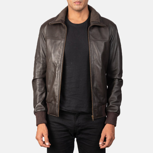 Air Rolf Brown Leather Bomber Jacket - men's jacket in brown sheepskin leather, view 1