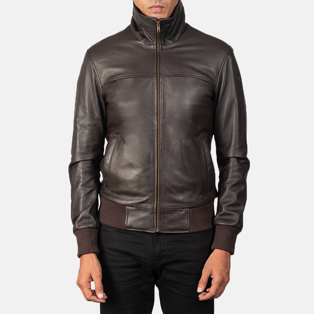 Air Rolf Brown Leather Bomber Jacket - men's jacket in brown sheepskin leather, view 3