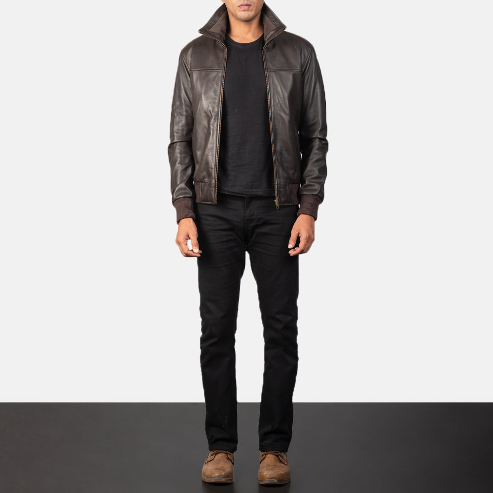 Air Rolf Brown Leather Bomber Jacket - men's jacket in brown sheepskin leather, view 4