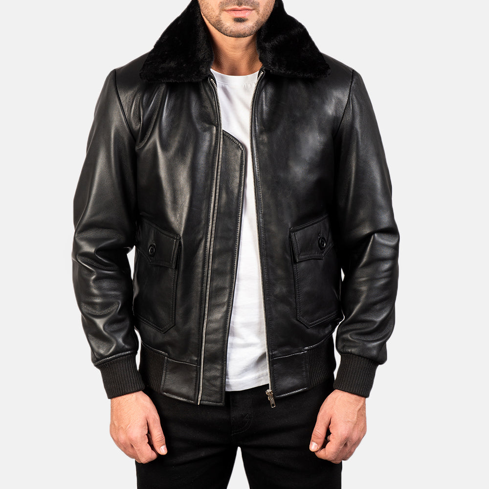 Airin G-1 Black Leather Bomber Jacket - men's jacket in black sheepskin leather, view 1