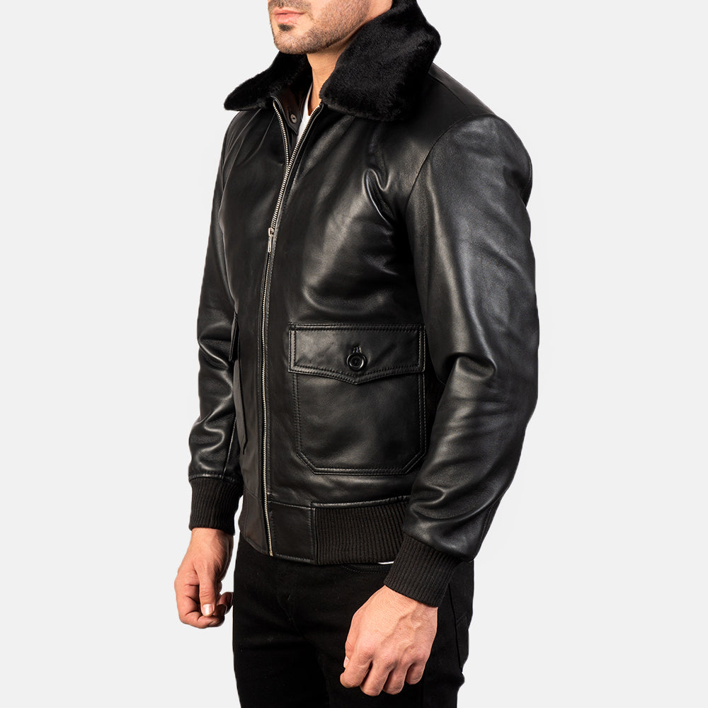 Airin G-1 Black Leather Bomber Jacket - men's jacket in black sheepskin leather, view 2