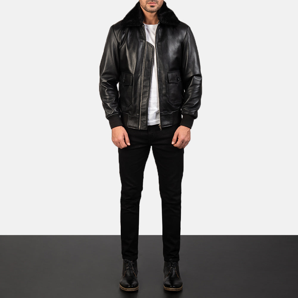 Airin G-1 Black Leather Bomber Jacket - men's jacket in black sheepskin leather, view 3