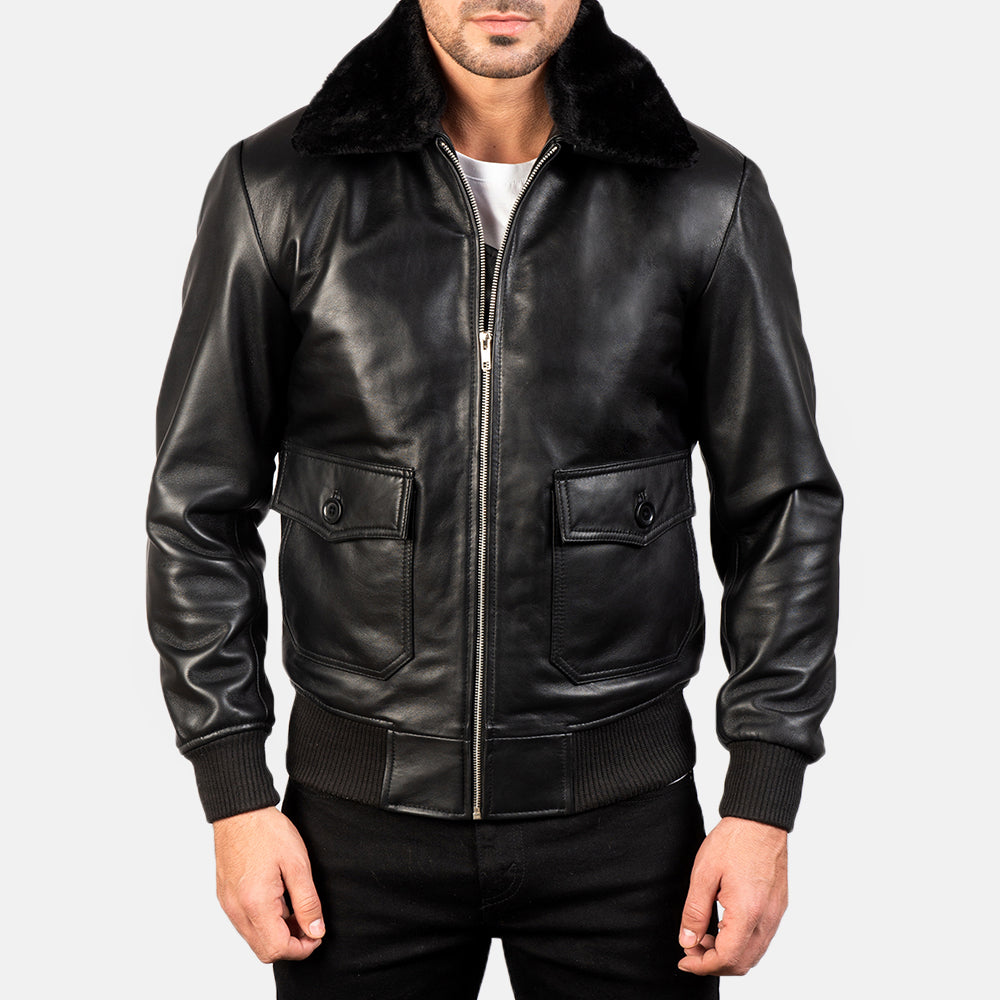 Airin G-1 Black Leather Bomber Jacket - men's jacket in black sheepskin leather, view 4