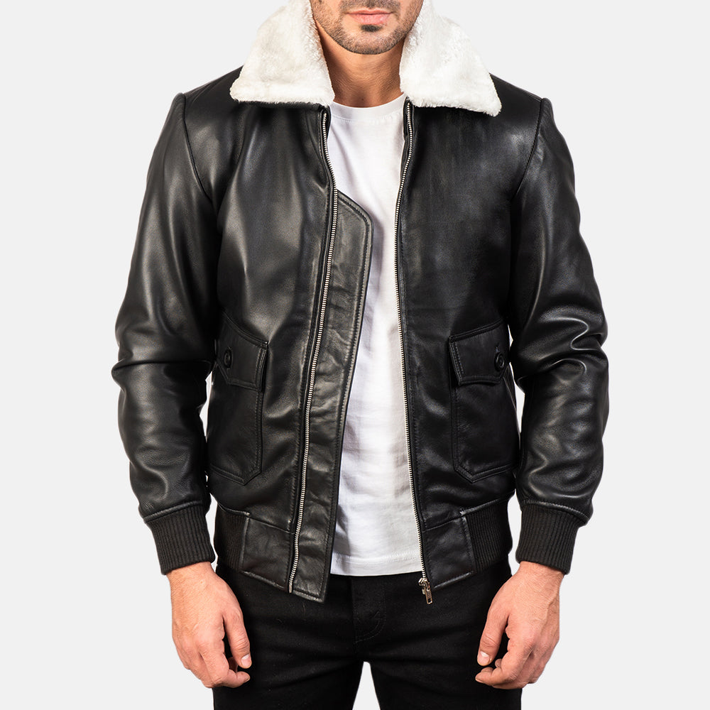 Airin G-1 Black & White Leather Bomber Jacket - men's jacket in black & white sheepskin leather, view 1