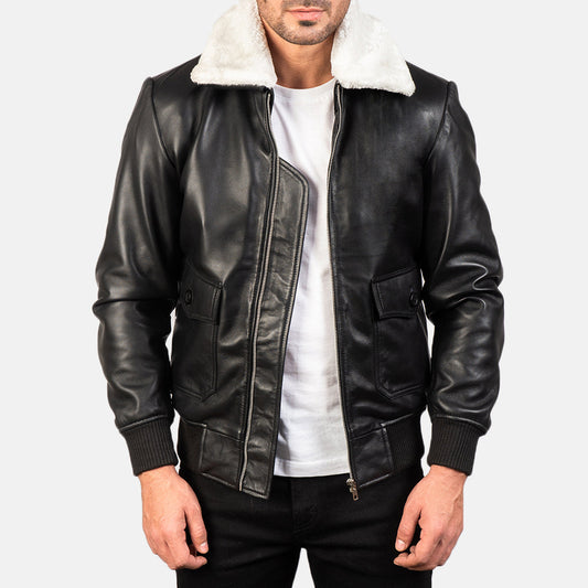 Airin G-1 Black & White Leather Bomber Jacket - men's jacket in black & white sheepskin leather, view 1