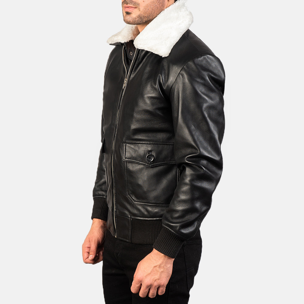 Airin G-1 Black & White Leather Bomber Jacket - men's jacket in black & white sheepskin leather, view 2