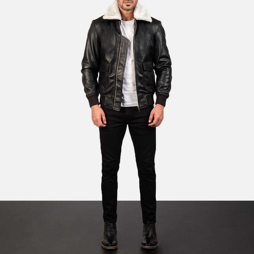 Airin G-1 Black & White Leather Bomber Jacket - men's jacket in black & white sheepskin leather, view 3