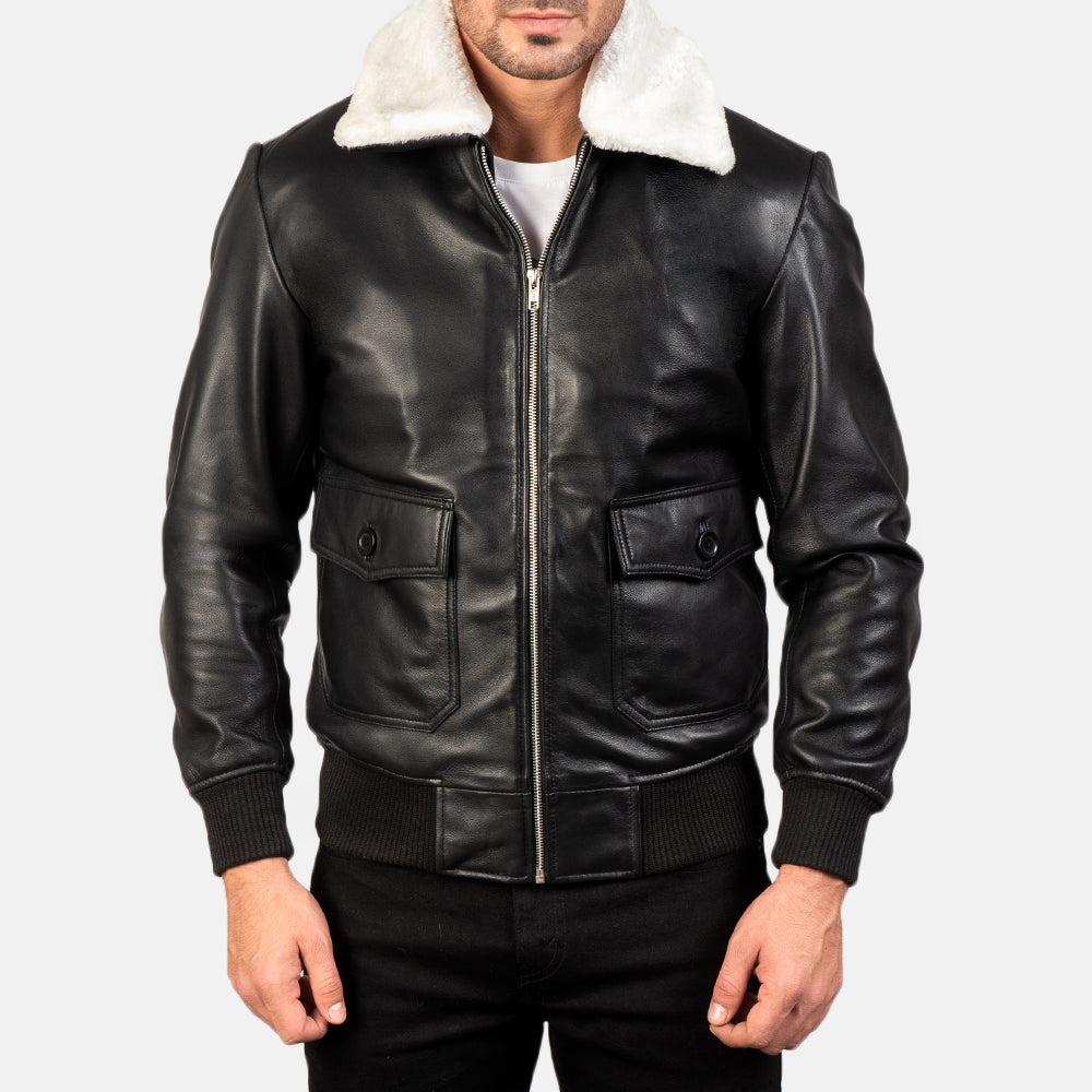 Airin G-1 Black & White Leather Bomber Jacket - men's jacket in black & white sheepskin leather, view 4