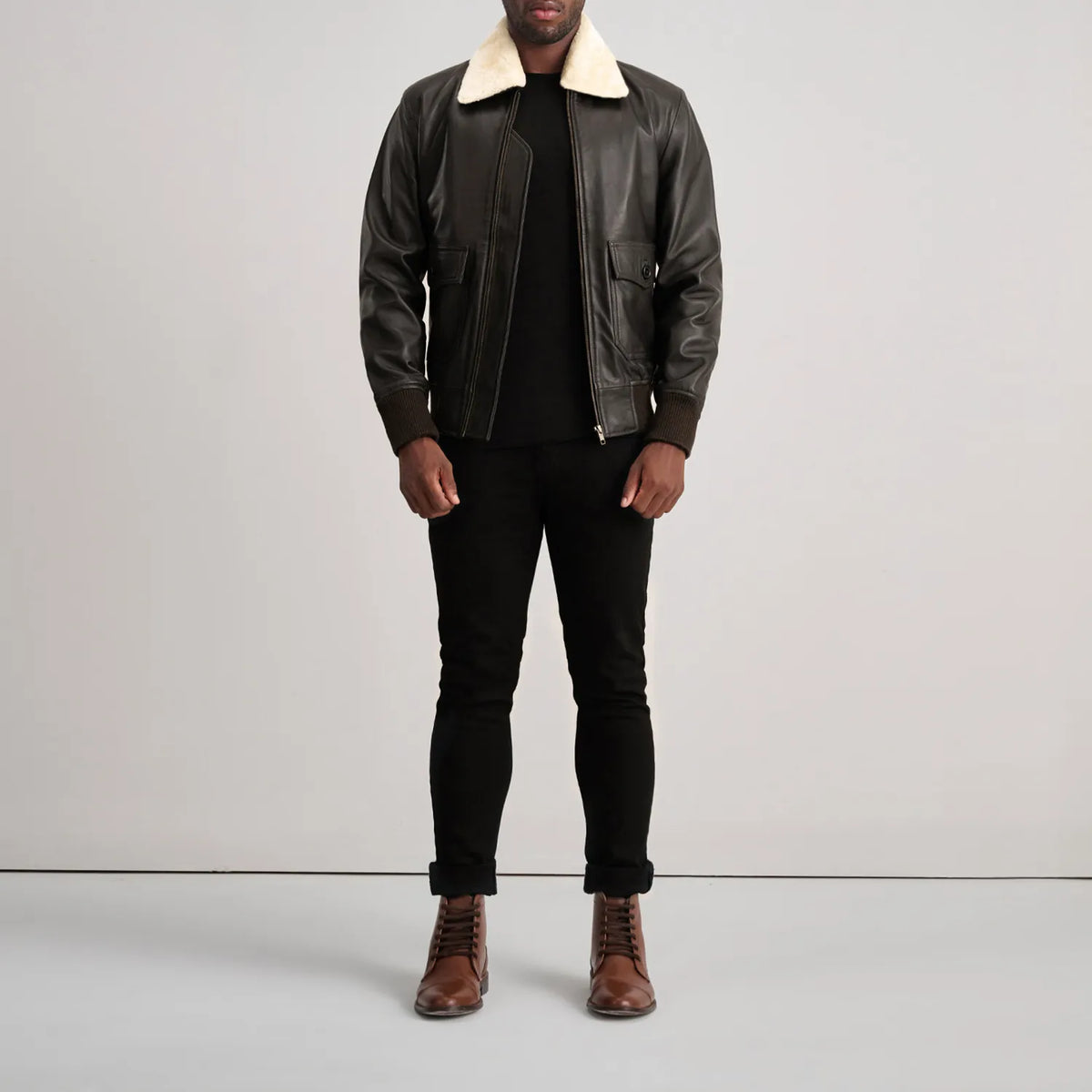 Airin G-1 Brown & Cream Leather Bomber Jacket - men's jacket in brown & cream sheepskin leather, view 3