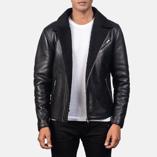 Alberto Shearling Black Leather Jacket - men's jacket in black sheepskin leather, view 1