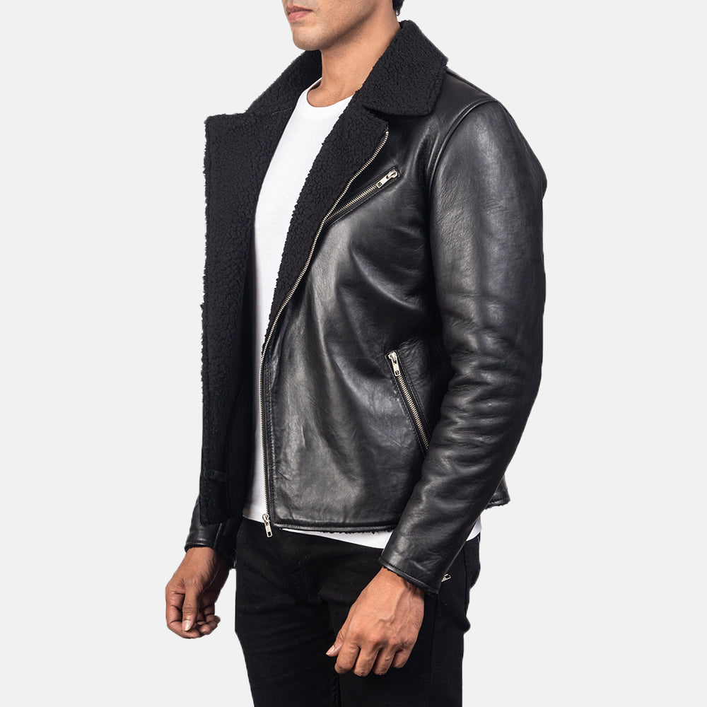 Alberto Shearling Black Leather Jacket - men's jacket in black sheepskin leather, view 2