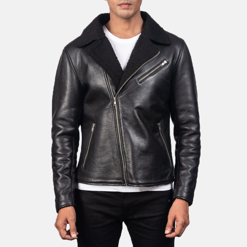 Alberto Shearling Black Leather Jacket - men's jacket in black sheepskin leather, view 3