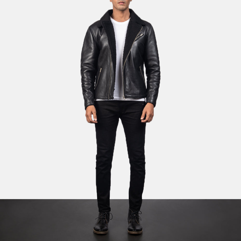 Alberto Shearling Black Leather Jacket - men's jacket in black sheepskin leather, view 4