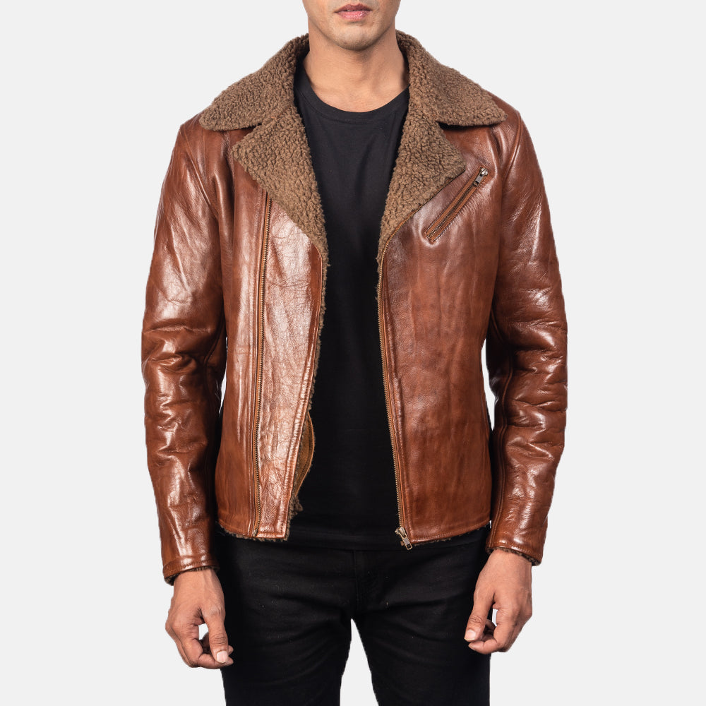 Alberto Shearling Brown Leather Jacket - men's jacket in brown sheepskin leather, view 1