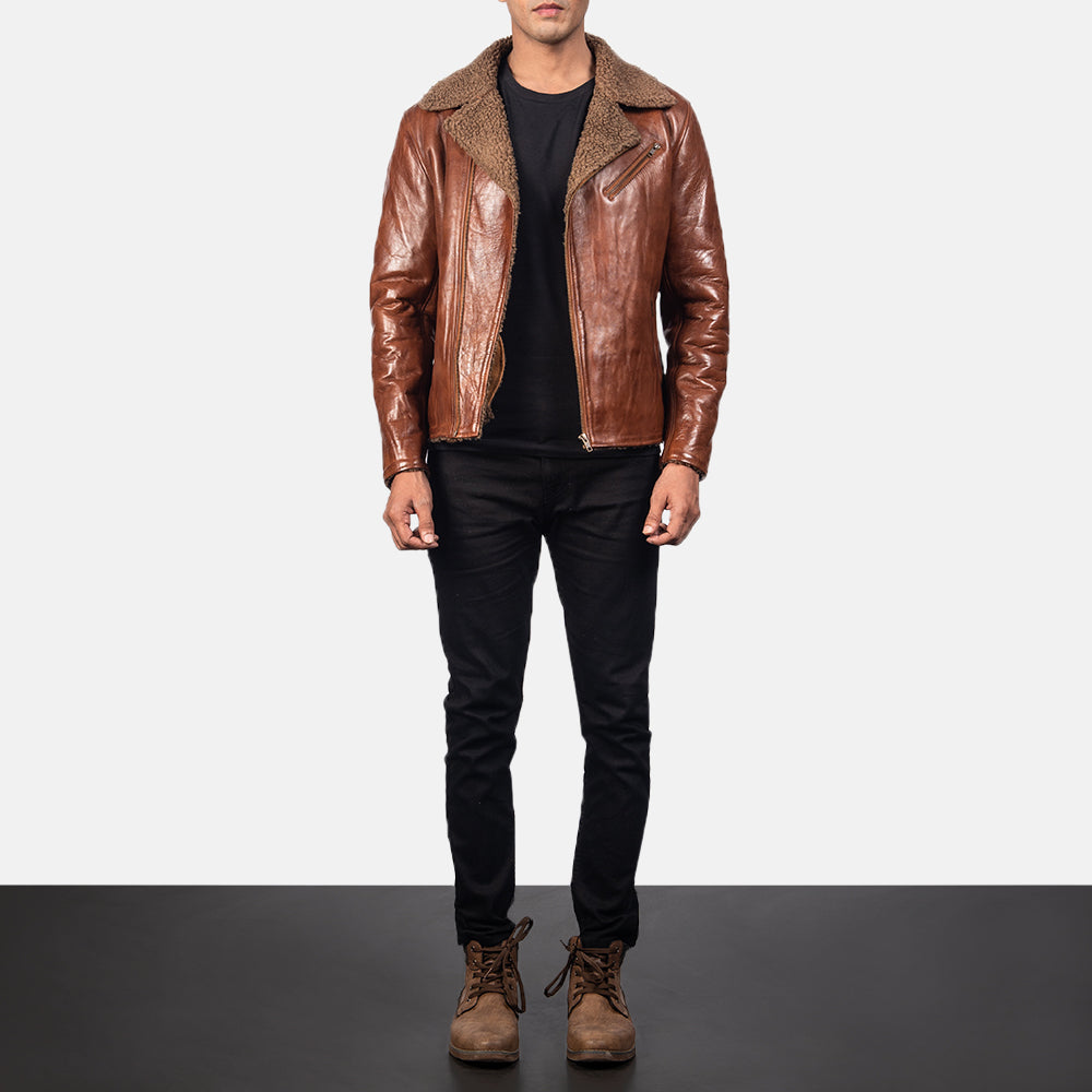 Alberto Shearling Brown Leather Jacket - men's jacket in brown sheepskin leather, view 4