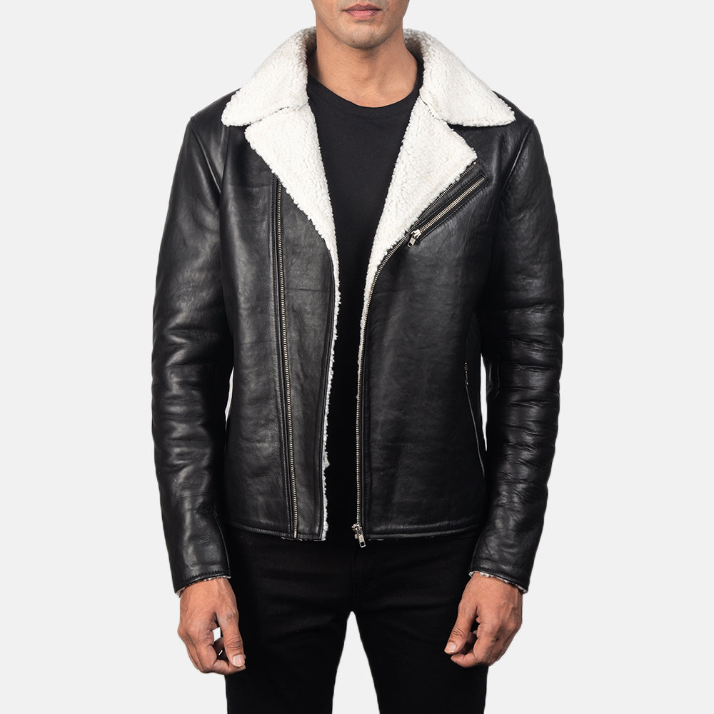 Alberto White Shearling Black Leather Jacket - men's jacket in black & white sheepskin leather, view 1