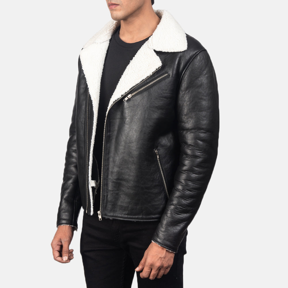 Alberto White Shearling Black Leather Jacket - men's jacket in black & white sheepskin leather, view 2