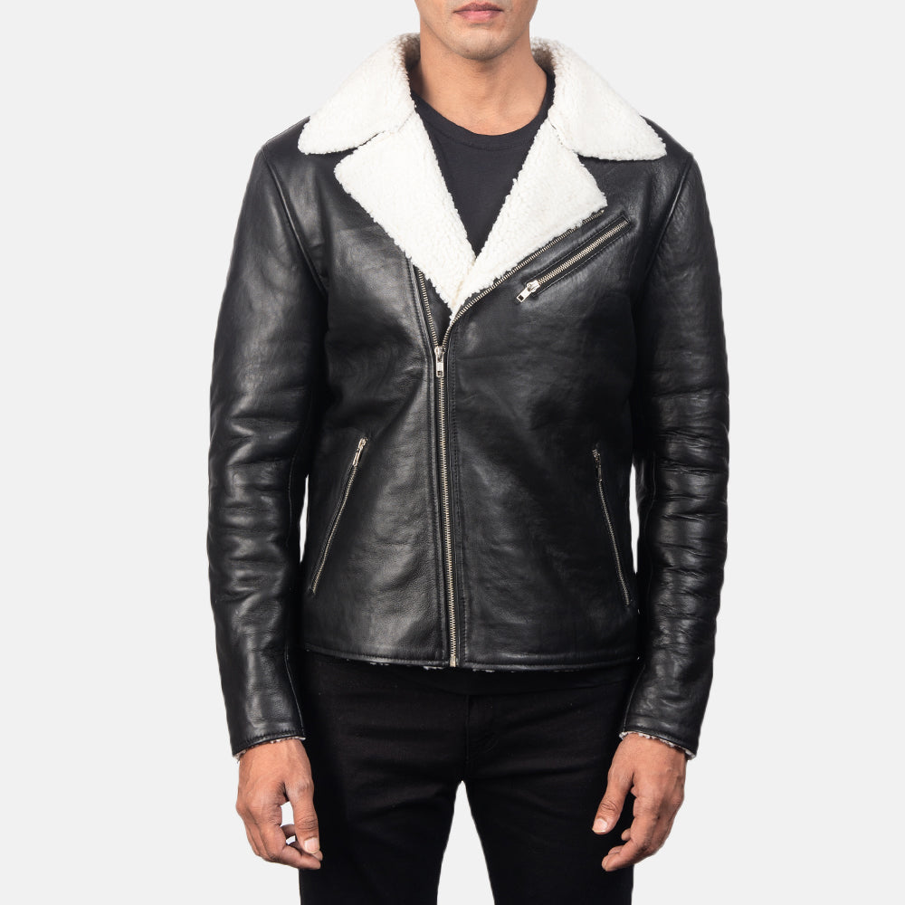 Alberto White Shearling Black Leather Jacket - men's jacket in black & white sheepskin leather, view 3