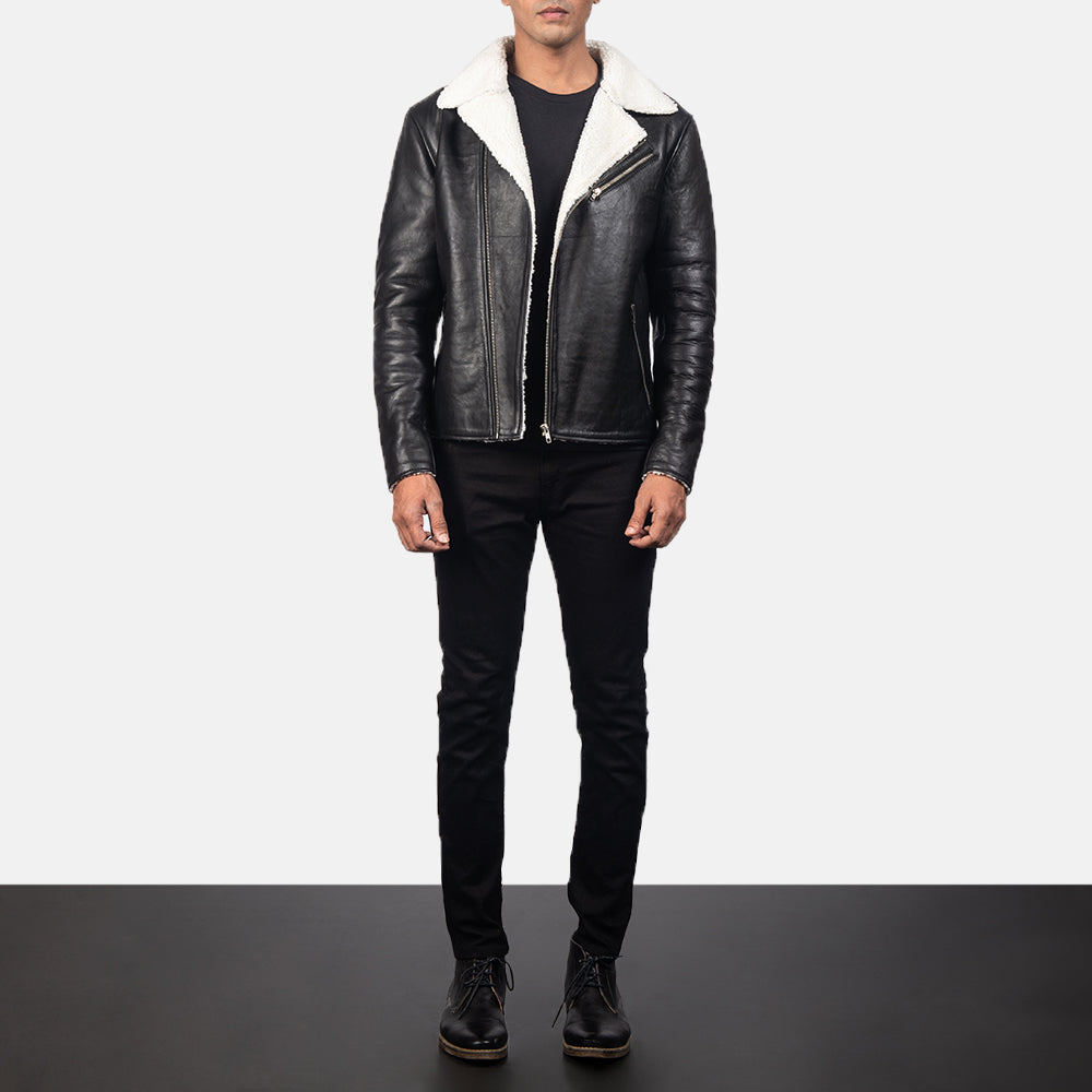 Alberto White Shearling Black Leather Jacket - men's jacket in black & white sheepskin leather, view 4