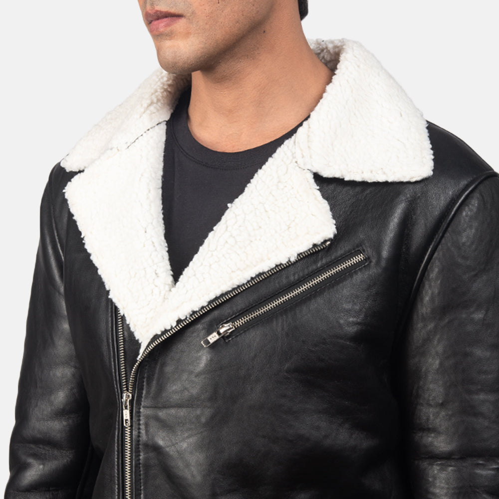 Alberto White Shearling Black Leather Jacket - men's jacket in black & white sheepskin leather, view 6