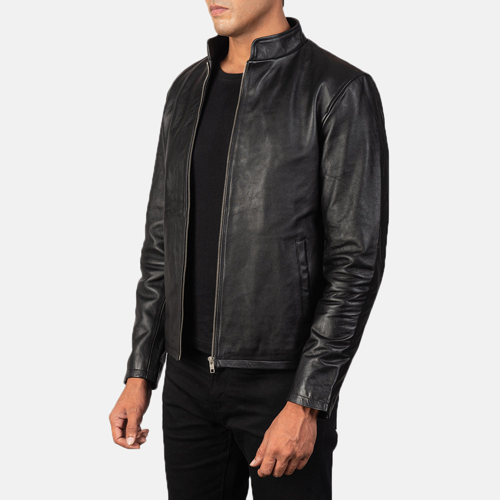 Alex Black Leather Biker Jacket - men's jacket in black cowhide leather, view 2