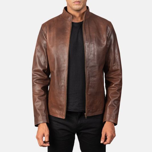Alex Brown Leather Biker Jacket - men's jacket in brown cowhide leather, view 1