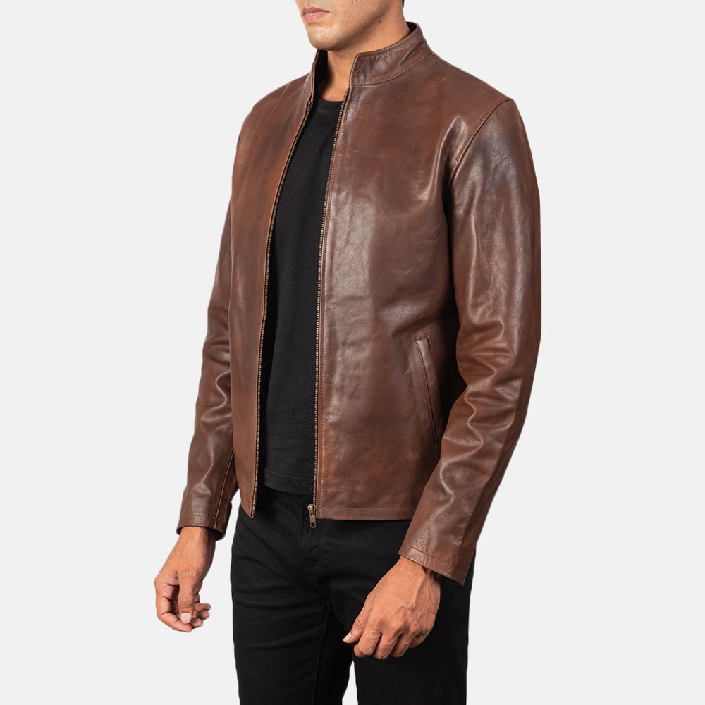 Alex Brown Leather Biker Jacket - men's jacket in brown cowhide leather, view 2