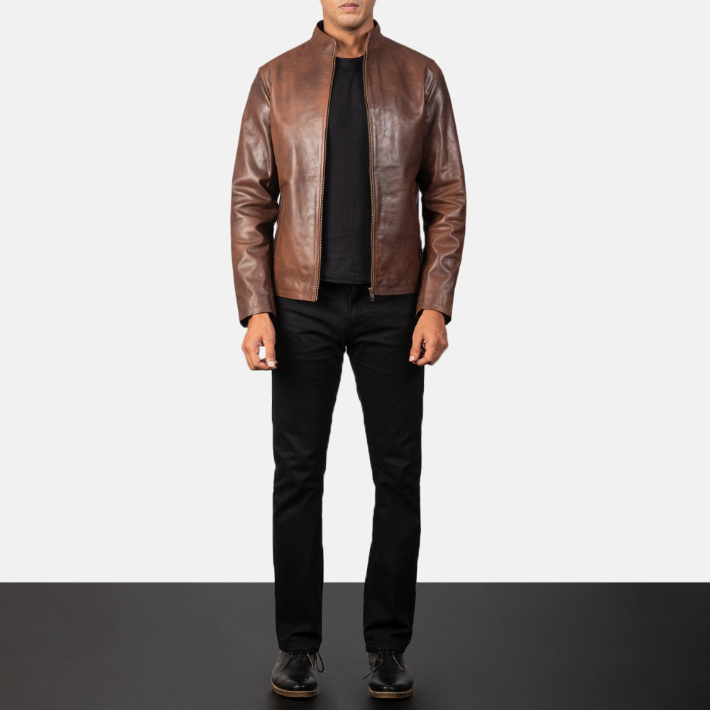 Alex Brown Leather Biker Jacket - men's jacket in brown cowhide leather, view 3
