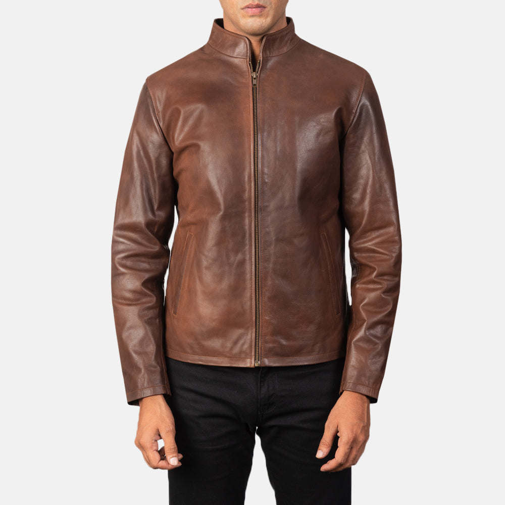 Alex Brown Leather Biker Jacket - men's jacket in brown cowhide leather, view 4
