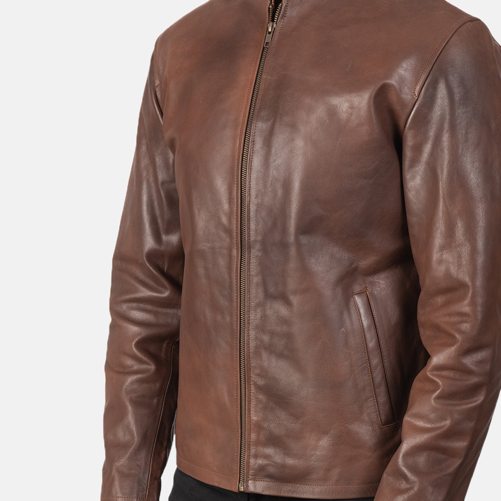 Alex Brown Leather Biker Jacket - men's jacket in brown cowhide leather, view 6