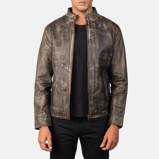 Alex Distressed Brown Leather Biker Jacket - men's jacket in brown cowhide leather, view 1