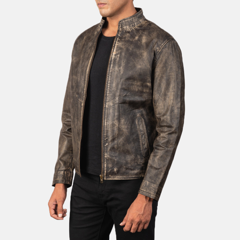 Alex Distressed Brown Leather Biker Jacket - men's jacket in brown cowhide leather, view 2