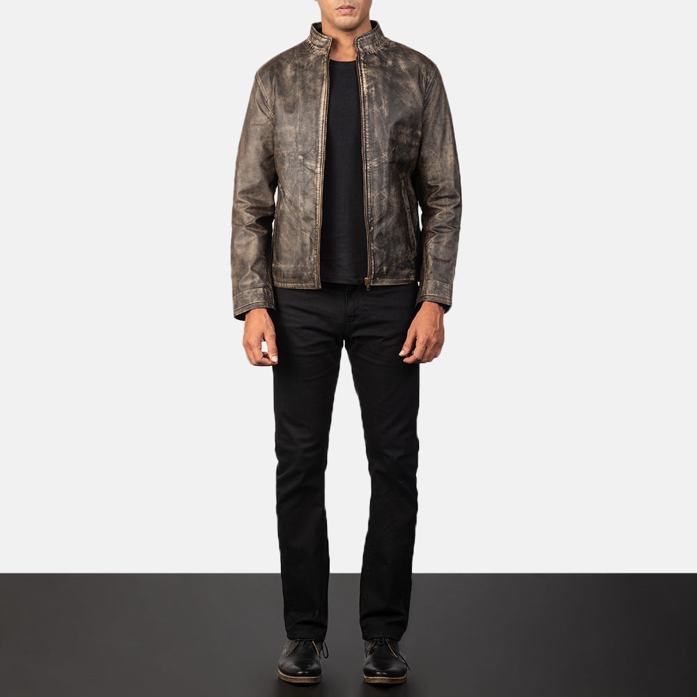 Alex Distressed Brown Leather Biker Jacket - men's jacket in brown cowhide leather, view 3