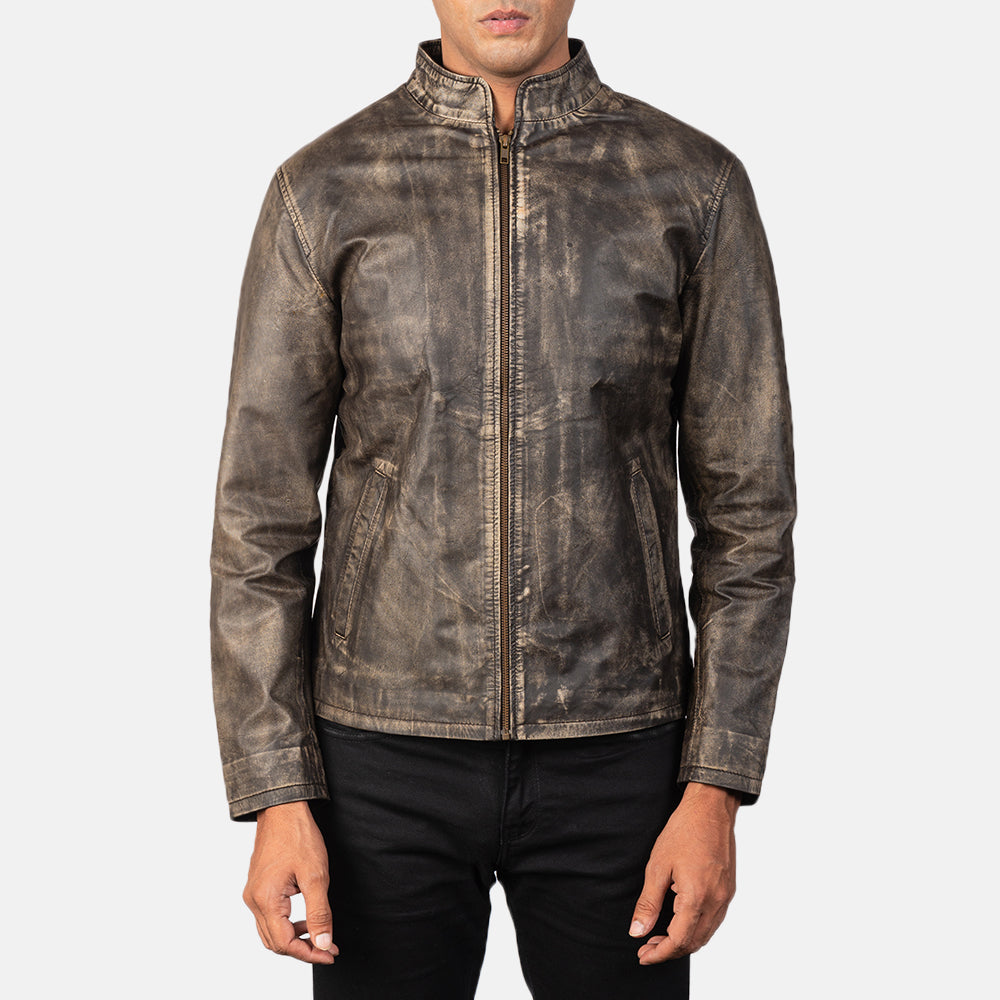 Alex Distressed Brown Leather Biker Jacket - men's jacket in brown cowhide leather, view 4