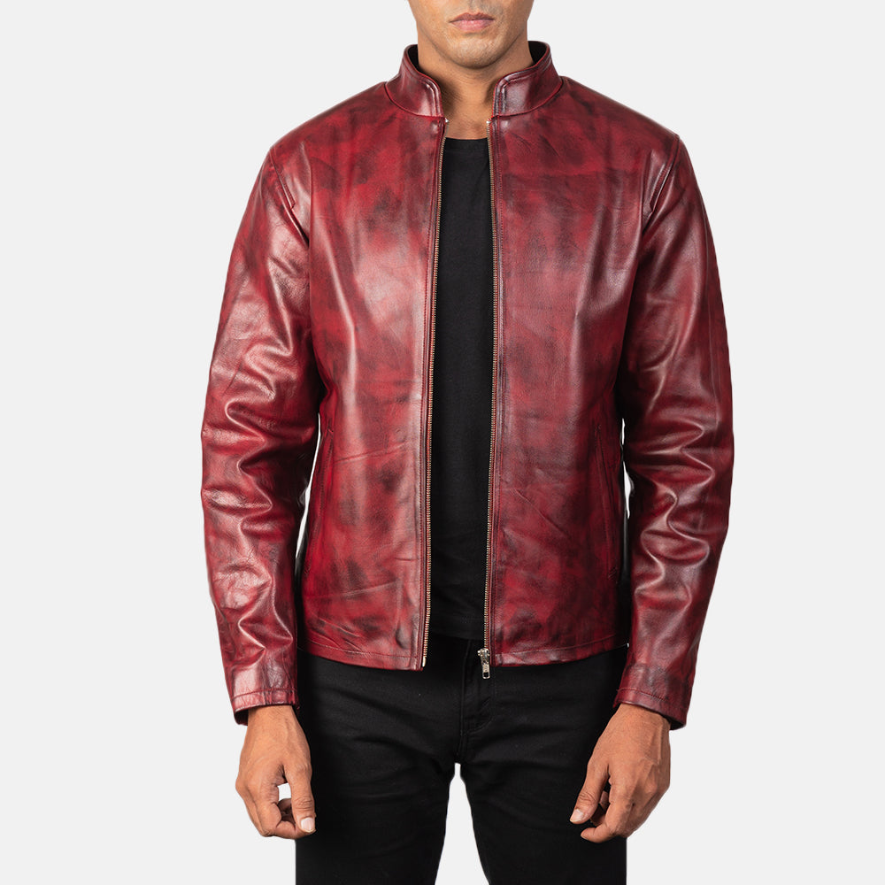 Alex Distressed Burgundy Leather Jacket - men's jacket in burgundy cowhide leather, view 1